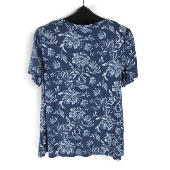 Lucky Brand Floral Scoop Neck Tee Women's Large Blue Stretch Knit Casual Summer - Picture 5 of 11